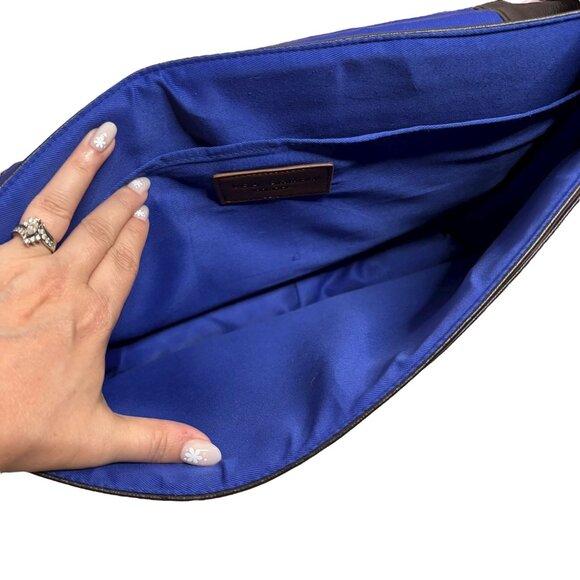 Ted Baker London Messenger Bag Brown Faux Leather Crossbody Blue Stripe Zipper - Picture 8 of 11